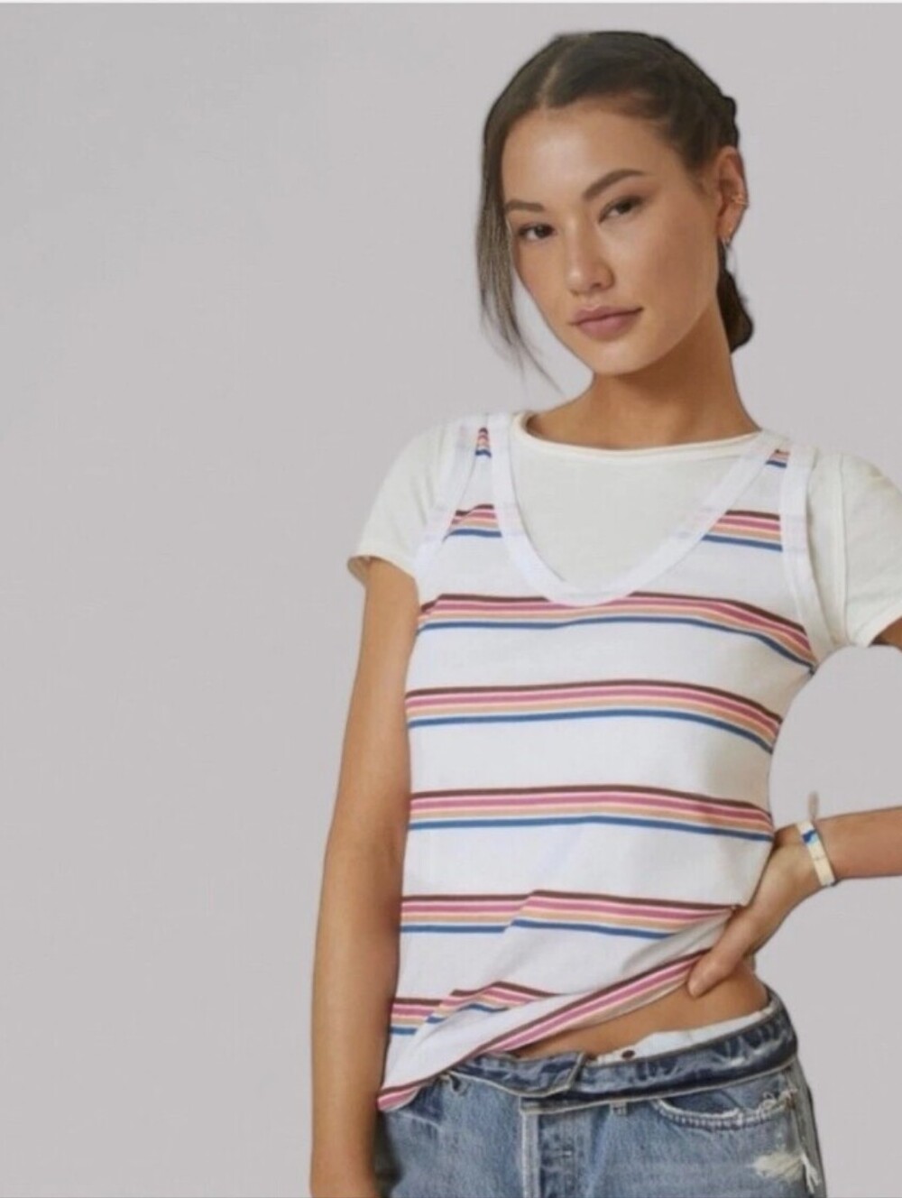 New Anthropologie t.la White Tank with Red, Blue & Tan Stripes Size Medium Nwt
